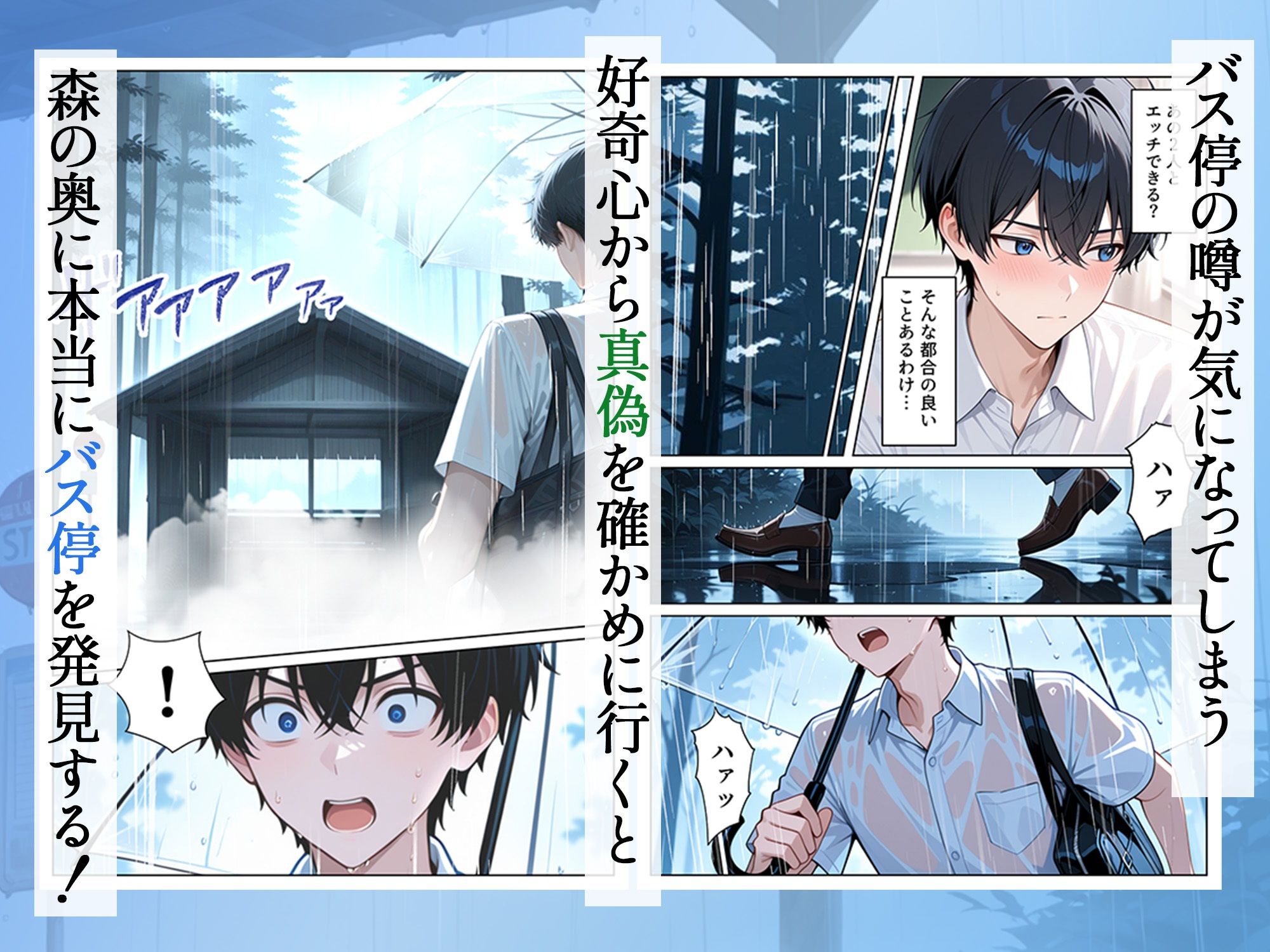 【FANZA同人紹介】 雨宿りのバス停で学園美女と濡れ透けSEXした話